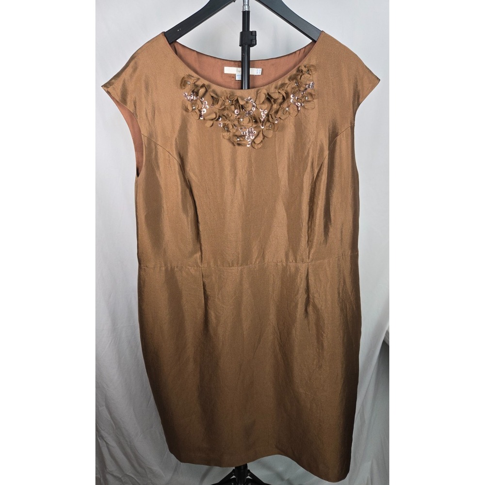 Boden Dress 18 Metallic Bronze Silk Blend 3D Floral Beaded Sequin Sheath